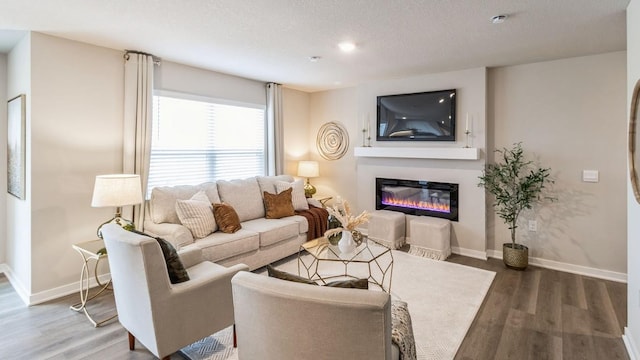 living room with hardwood / wood-style floors and a textured ceiling