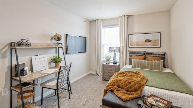 bedroom with a textured ceiling and carpet