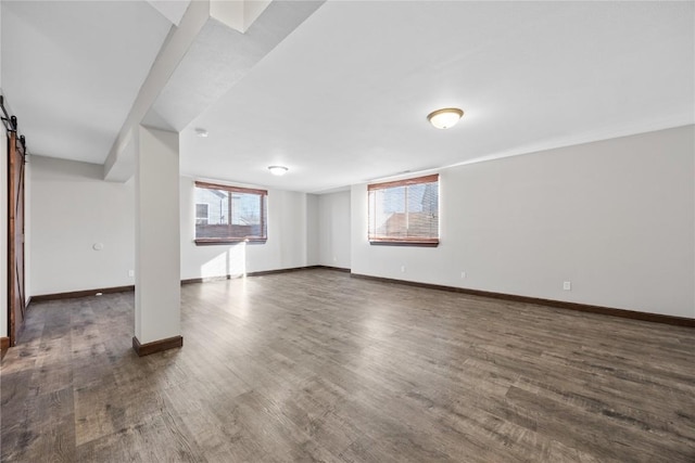 basement with dark wood-type flooring, a healthy amount of sunlight, and a barn door