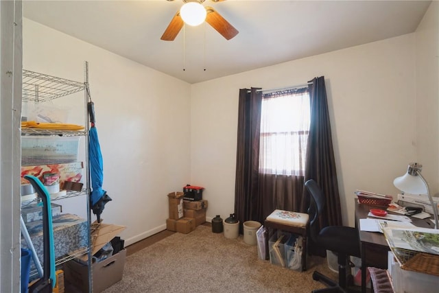 interior space featuring ceiling fan and carpet flooring