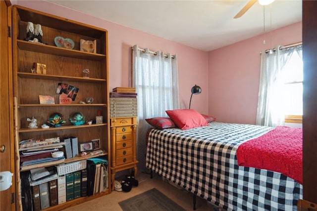 bedroom featuring carpet floors and ceiling fan