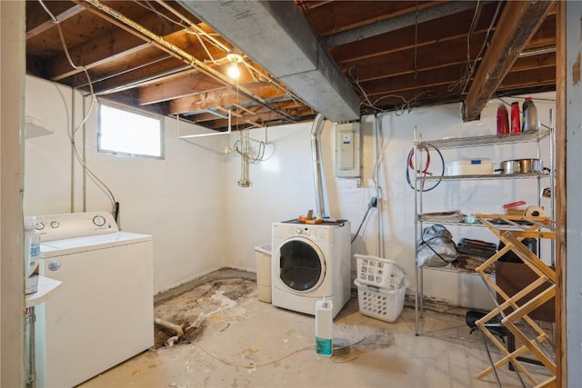 laundry area with washing machine and clothes dryer and electric panel