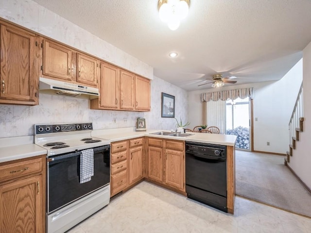 kitchen featuring white electric range, sink, a textured ceiling, black dishwasher, and kitchen peninsula