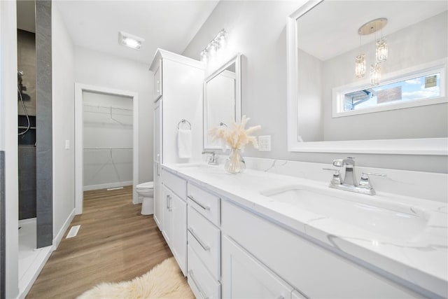 bathroom with vanity, hardwood / wood-style flooring, toilet, and walk in shower