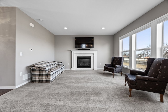 living area featuring a fireplace and carpet floors