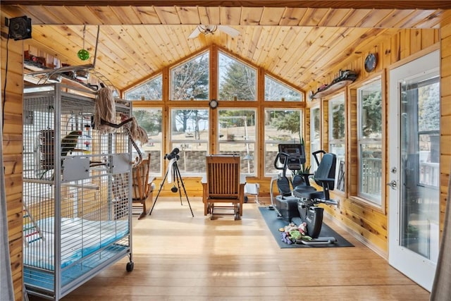 workout area with wood-type flooring, lofted ceiling, wooden ceiling, and wooden walls