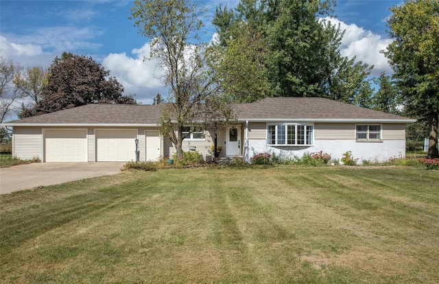 single story home with a garage and a front lawn