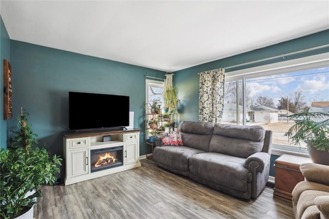 living room featuring a glass covered fireplace, baseboards, and wood finished floors