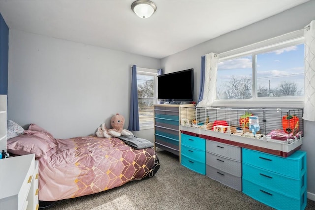 bedroom featuring dark carpet