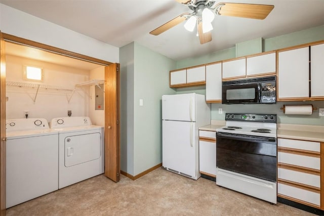 kitchen with ceiling fan, washer and dryer, white cabinets, and white appliances