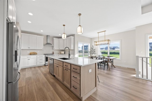 kitchen featuring appliances with stainless steel finishes, white cabinetry, an island with sink, sink, and wall chimney exhaust hood