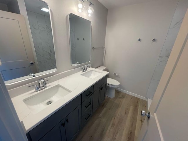 bathroom with wood-type flooring, vanity, and toilet