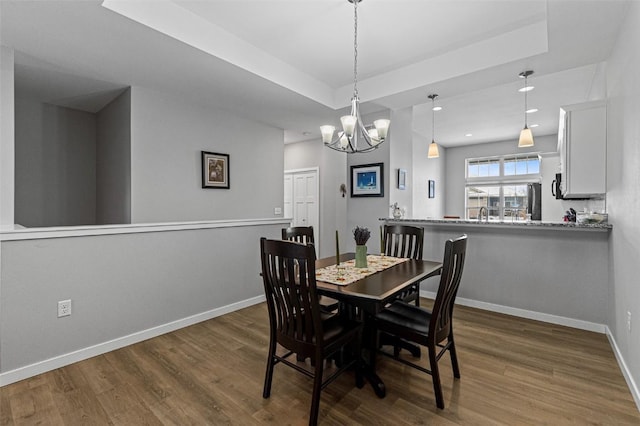 dining room with dark hardwood / wood-style flooring and a raised ceiling