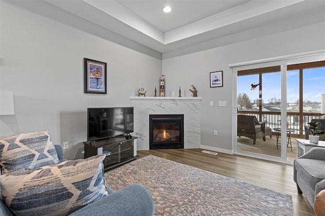 living room featuring a raised ceiling, a premium fireplace, and hardwood / wood-style floors