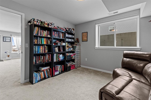 living area featuring carpet