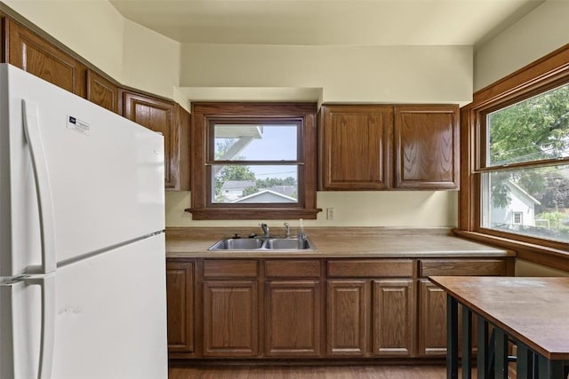 kitchen featuring sink and white fridge