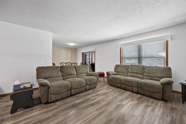 living room featuring hardwood / wood-style flooring and a textured ceiling