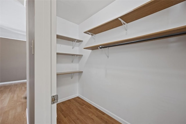 walk in closet with light hardwood / wood-style floors