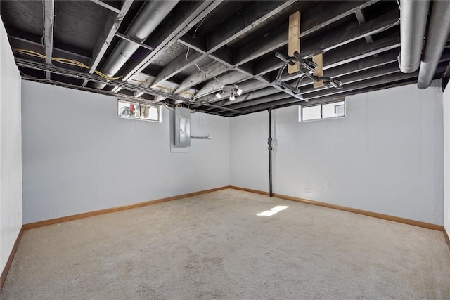 basement featuring electric panel, carpet, and a wealth of natural light