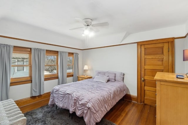 bedroom featuring ceiling fan and dark hardwood / wood-style flooring