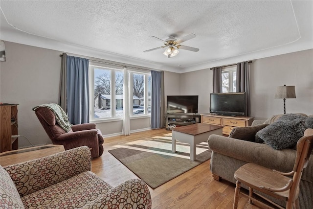 living room featuring a textured ceiling, ceiling fan, and light wood-type flooring