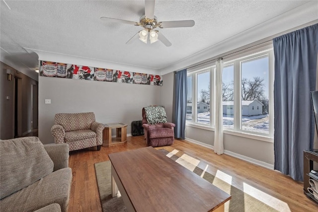 interior space featuring ceiling fan, hardwood / wood-style flooring, and a textured ceiling