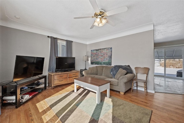 living room with ceiling fan, light hardwood / wood-style floors, and a textured ceiling