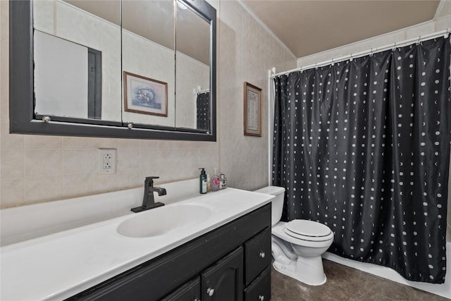 bathroom with tile walls, vanity, a shower with curtain, tile patterned floors, and toilet