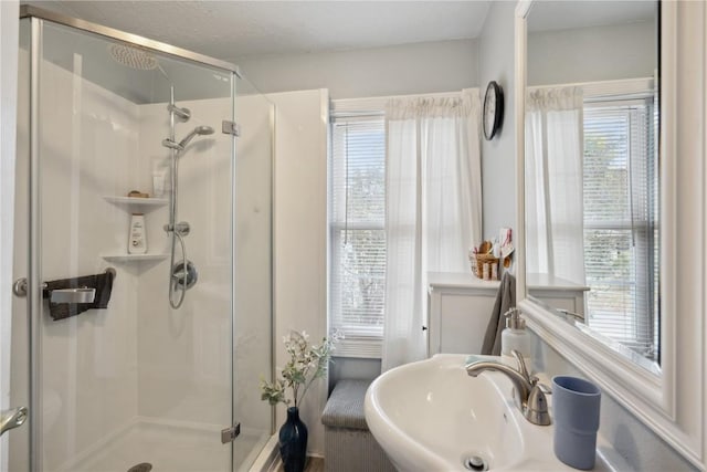 bathroom featuring plenty of natural light, sink, and an enclosed shower