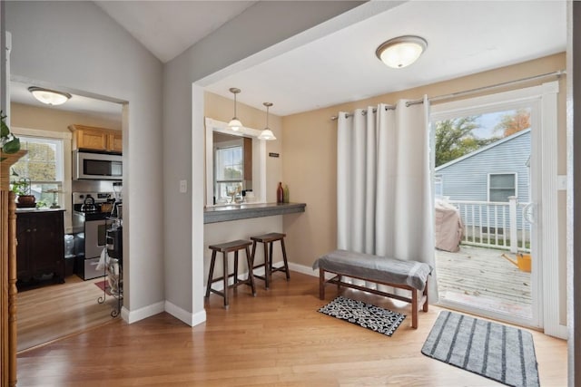 interior space with lofted ceiling and light hardwood / wood-style flooring