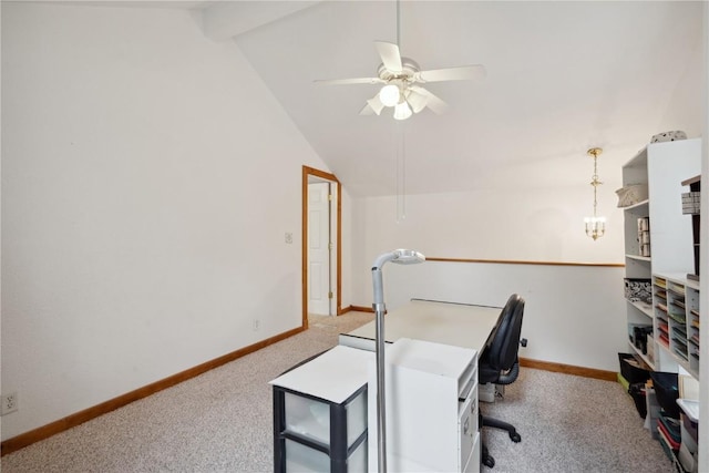 carpeted home office featuring ceiling fan with notable chandelier and lofted ceiling with beams