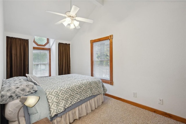 carpeted bedroom featuring vaulted ceiling and ceiling fan