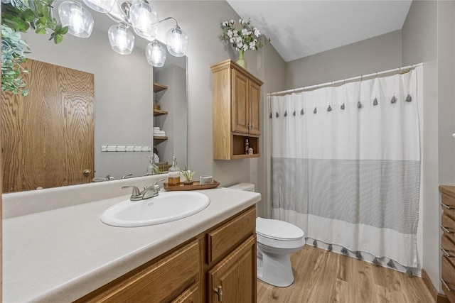 bathroom with toilet, vanity, hardwood / wood-style floors, and a shower with shower curtain