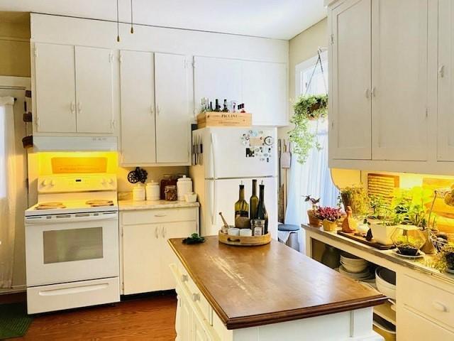 kitchen with white cabinetry, white appliances, and dark hardwood / wood-style flooring