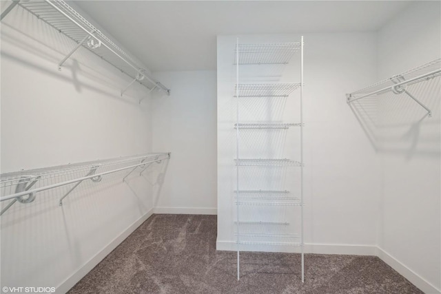 spacious closet featuring dark carpet