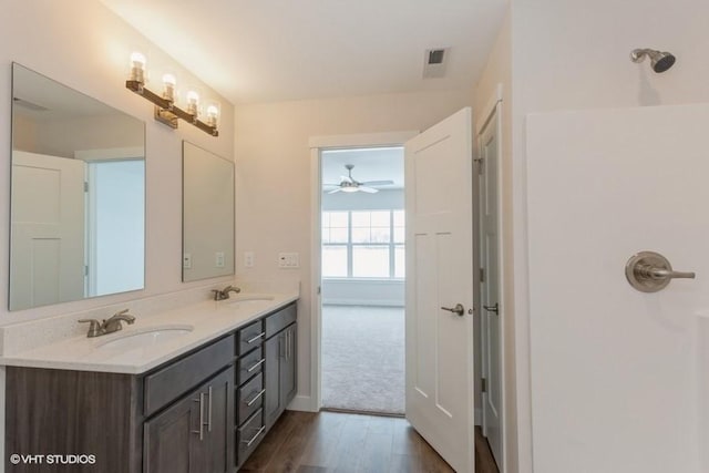 bathroom with hardwood / wood-style flooring and vanity