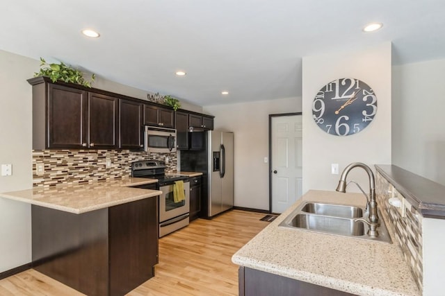 kitchen featuring kitchen peninsula, stainless steel appliances, sink, dark brown cabinets, and tasteful backsplash