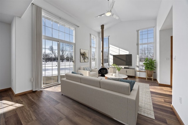 living room featuring dark wood-style floors, a wood stove, plenty of natural light, and high vaulted ceiling