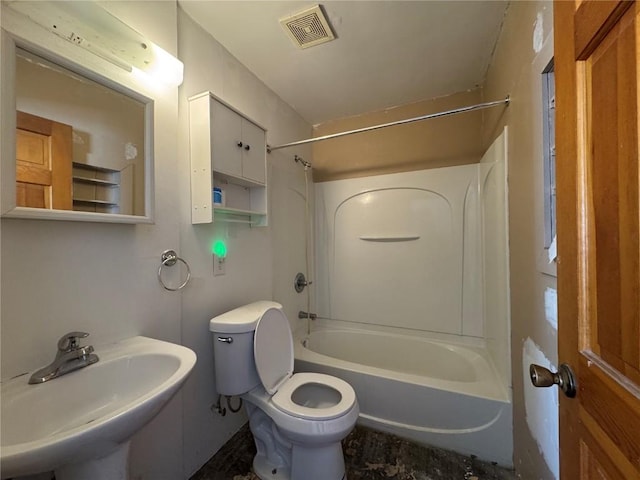 full bath featuring toilet, visible vents, tub / shower combination, and a sink