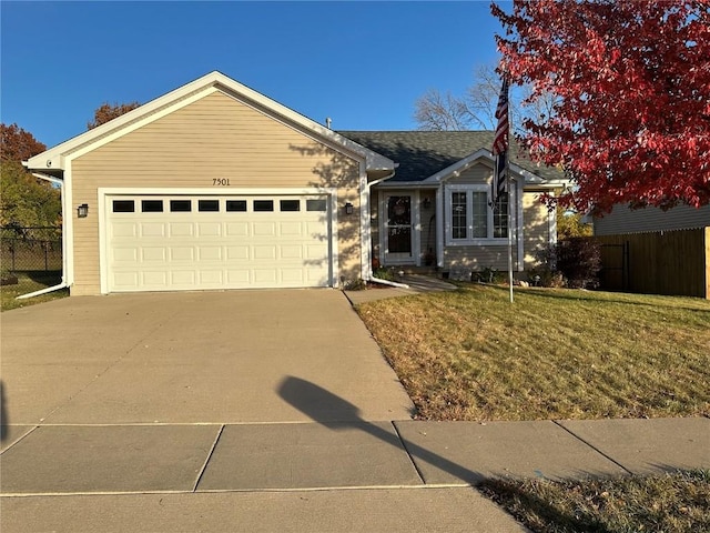 single story home with a garage, a front yard, concrete driveway, and fence