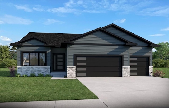 view of front of house with a garage, stone siding, a front lawn, and driveway