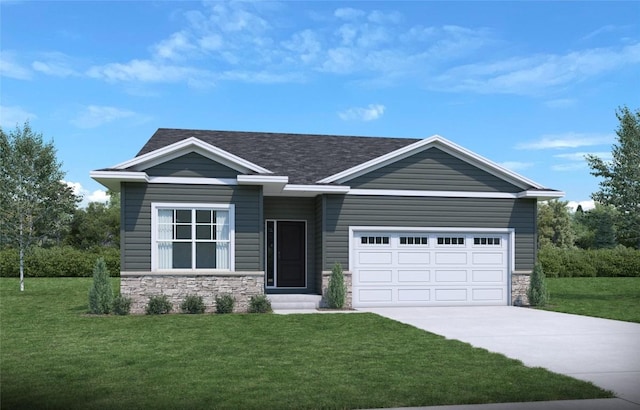 view of front of property with roof with shingles, concrete driveway, a garage, stone siding, and a front lawn