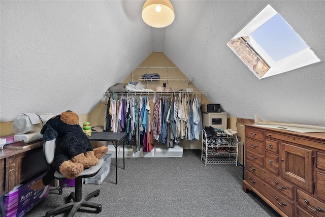 spacious closet with dark colored carpet and vaulted ceiling with skylight