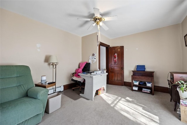 office featuring baseboards, ceiling fan, light carpet, and baseboard heating