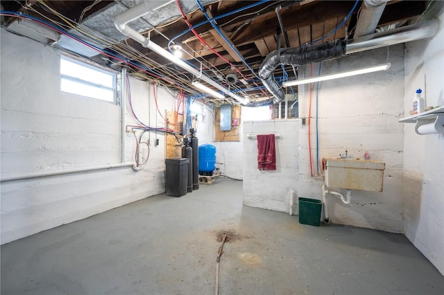 below grade area featuring a sink and electric panel