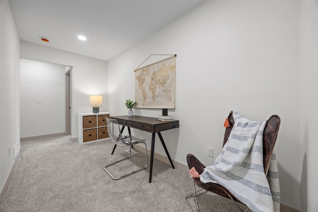 office with recessed lighting, baseboards, and light colored carpet