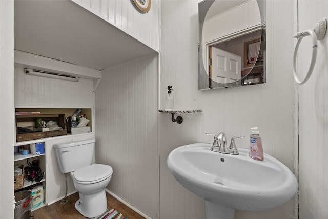 bathroom featuring wood finished floors, a sink, and toilet