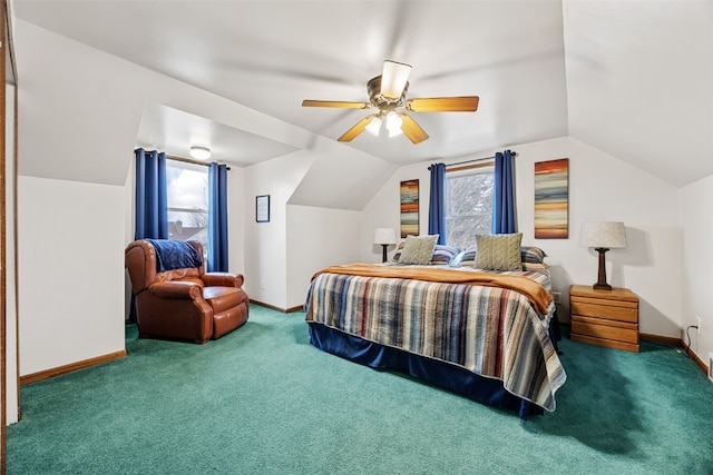 carpeted bedroom featuring vaulted ceiling, multiple windows, and baseboards