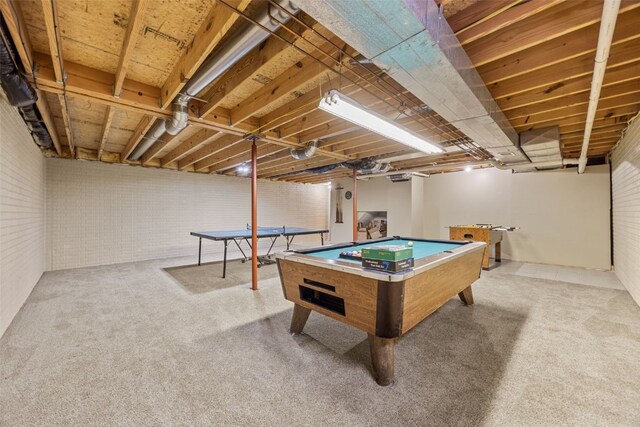 rec room featuring billiards, carpet floors, and brick wall