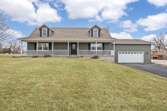 view of front facade featuring aphalt driveway, a porch, a shingled roof, a garage, and a front lawn